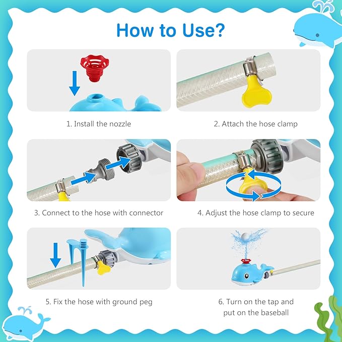 MoKo Water Sprinkler Baseball Toy for Kids Outdoor Play, 2 in 1 Baseball Water Games, 360° Rotatable Yard Sprayer Sprinkler, Toddler Outdoor Toys for Backyard Garden Lawn Pool, Sky Blue Whale