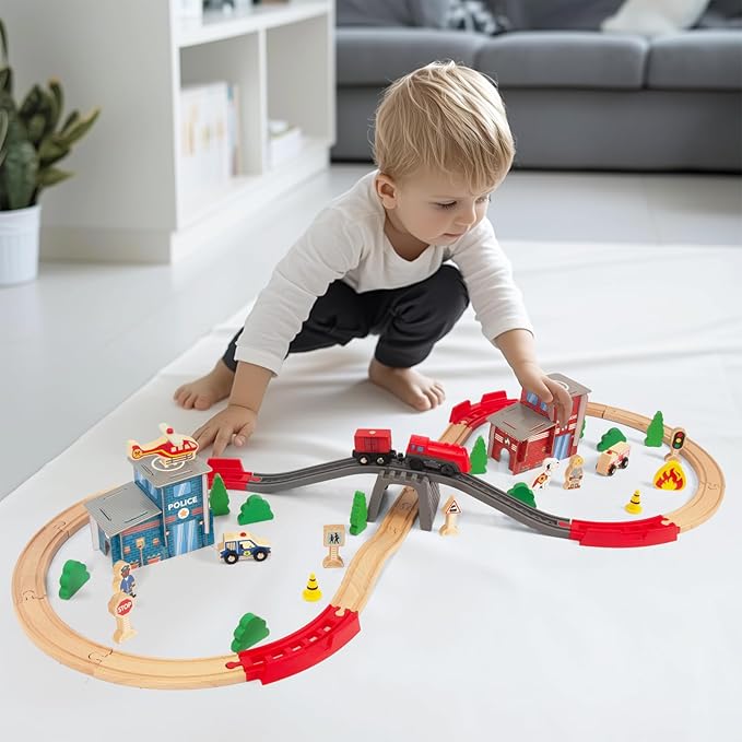 Wooden Train Set for Toddler - 60 Pcs- with Wooden Tracks fits Thomas, fits Brio, fits Chuggington, fits Melissa and Doug - Expandable, Changeable-Train Toy for 3 4 5 Years Old Girls & Boys