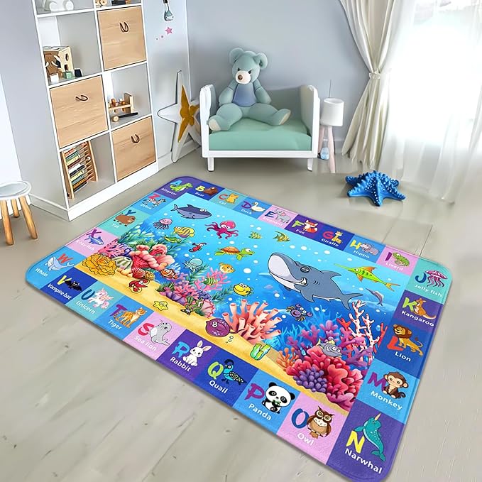 Alphabet Play Rugs for Kids Playroom, Under Ocean Sea Boys ABC Rug for Living Room 3x5 Educational Game Mat Kids Bedroom Carpet for Indoor Beach Animals Classroom Play Mat Blue Decor