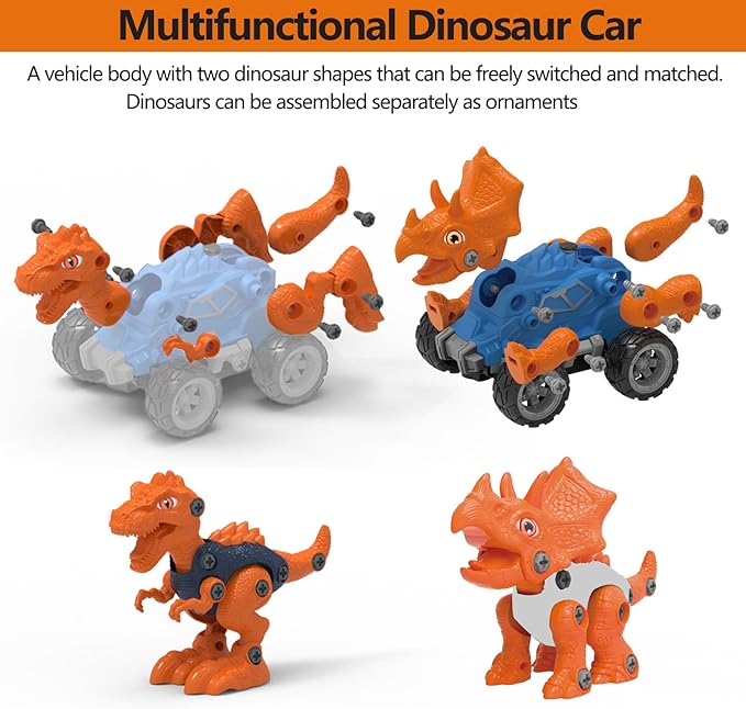 Remote Control Dinosaur Car, Monster Truck 2 Shapes Dino Replacement with Spray Mist Lights, Build a STEM Remote Control Monster Truck Car Building Toy Gifts