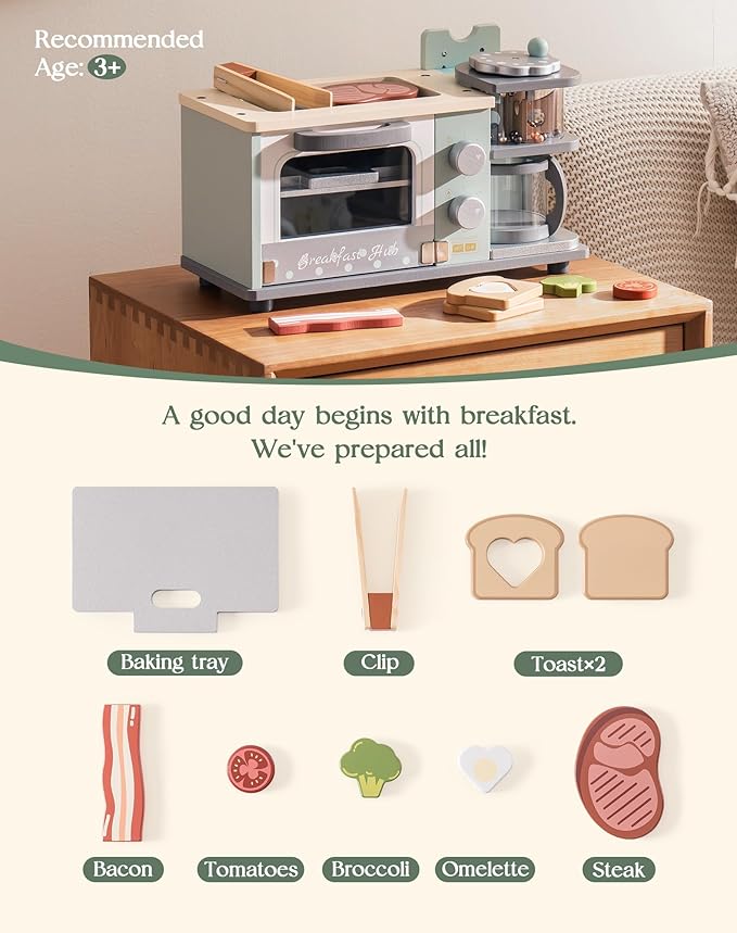 ROBOTIME Play Kitchen Toys Accessories - Wooden Breakfast Machine Kitchen Toy for Kids with Coffee Maker and Pretend Play Food Sets - Kitchen Playset Appliances Toy for Toddlers (Mint Green)