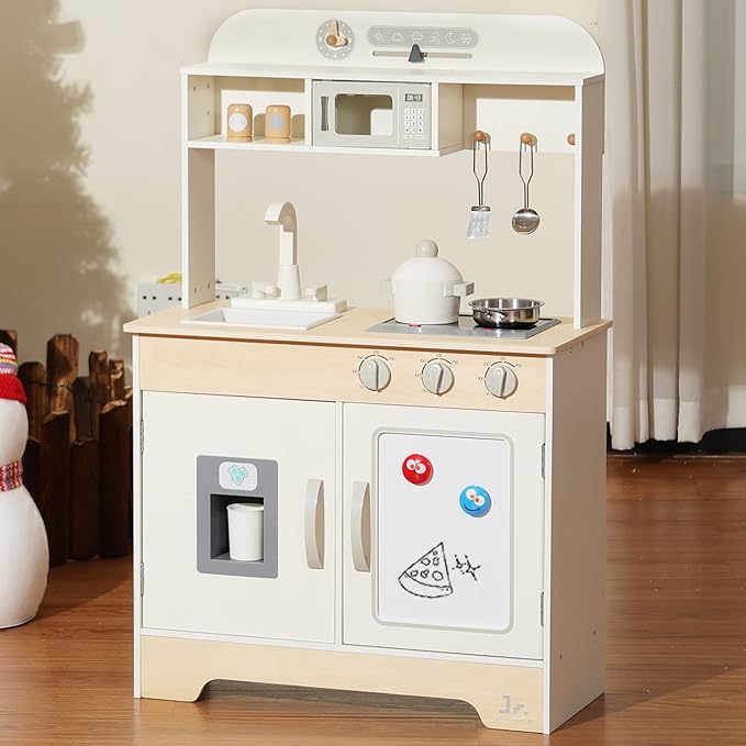 SainSmart Jr. Wooden Play Kitchen for Kids - Premium Toddler Pretend Play Cooking Set - Includes Stove, Refrigerator, and Accessories for Boys and Girls