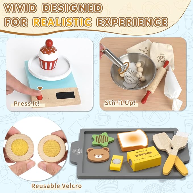 Lehoo Castle Play Food Set for Kids Kitchen, Play Kitchen Accessories Wooden, Kids Baking Set for Boys, Toys Cupcakes and Cookie Maker, Preschool Cooking Toys for Toddlers Boys Girls Ages 3+