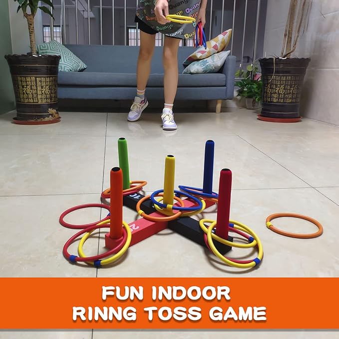Ring Toss Game for Kids, Indoor & Outdoor Game for Family and Adults with 5 Poles, 2 Bases and 16 Rings in 4 Colors, Soft Foam Toy for Kids Backyard Ring Toss Fun