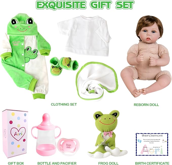 Aori Reborn Baby Dolls Lifelike - Newborn Baby Doll Realistic Weighted Toddler Real Life 22 Inch Jumping Frog Set Great Birthday Gift for Kids