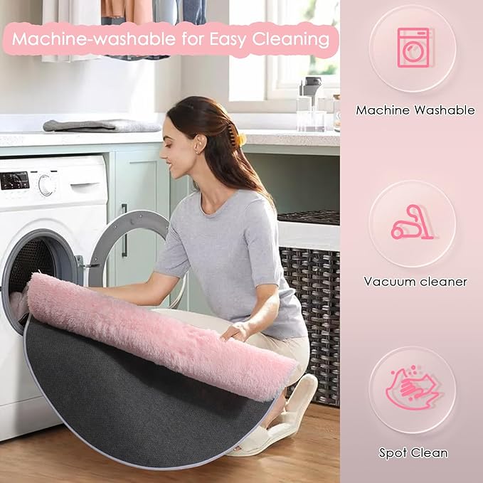 Amdrebio Light Pink Round Rug 4Ft for Girls Bedroom, Fluffy Circle Area Rugs for Kids Room Decor Aesthetic, Cute Shag Fuzzy Carpet for Nursery, Preppy Dorm, Classroom, Playroom, Teen, Baby, Washable