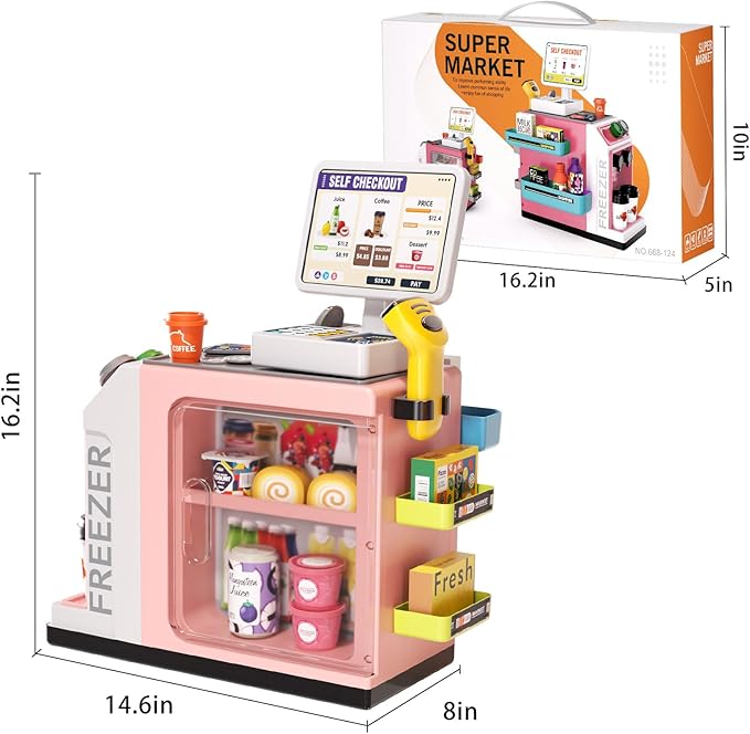 48-Piece Pretend Play Cash Register Toy Set for Kids with Water Outlet Function - Calculator, Shopping Bag, Scanners, Coffee Machine, Play Food - Gift for Boys and Girls Ages 3+（Pink）