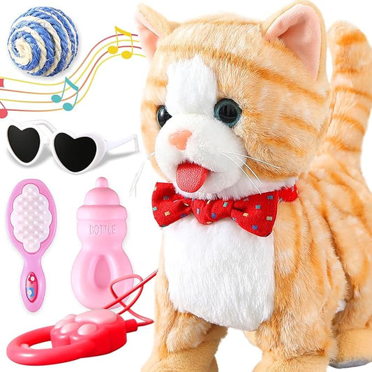 Yellow Pattern Leash Walking Cat Set Interactive Talking Toy Singing Dancing Kitten Mimicking Repeat What You Say Kitty Touch and Voice Control Nodding Wagging Tail Plush Electric Robot for Kid Girl