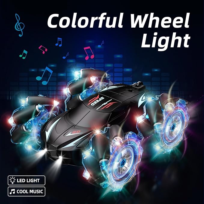 RC Stunt Car, 2.4GHz 4WD Gesture Sensing Remote Control Car with Cool Light and Music, Double-Sided 360° Flips RC Cars for Boys Age 6-12 8-12 Birthday Christmas Toy Cars(Blue)