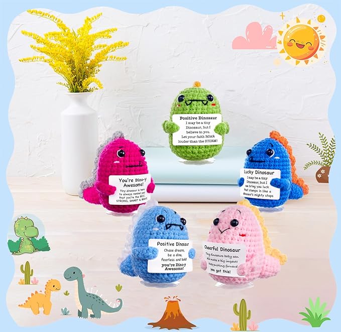 Funny Easter Basket Stuffers Positive Crochet Stuffed Animals Dinosaur, Stress Relief Gifts for College Student Graduation Boyfriend Husband Women Birthday Desk Decor (Dinosaur Set)