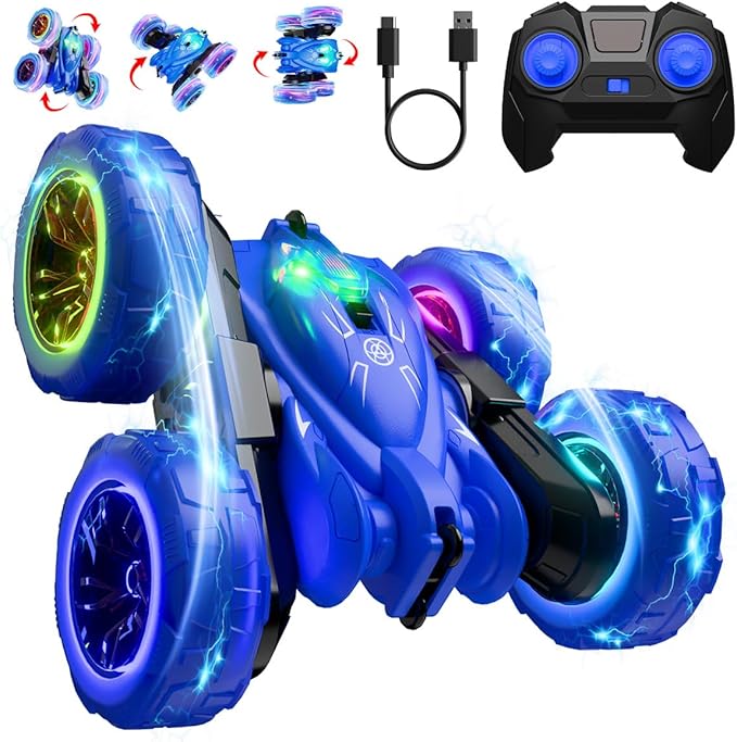 Rechargeable Remote Control car with Colorful Lights, Double Sided RC Stunt Car for Kids Fast USB-C Charging 360° Rotation 4WD Car Toys for Aged 3-12 Gift