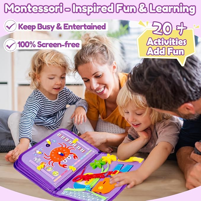 Qizfun Busy Board Montessori Toys for 1 2 3 4 Year Old, Educational Sensory Preschool Learning Toys for Toddlers 1-3, Car & Airplane Travel Activities Toys for Kids Ages 2-4, Girl Birthday Gift