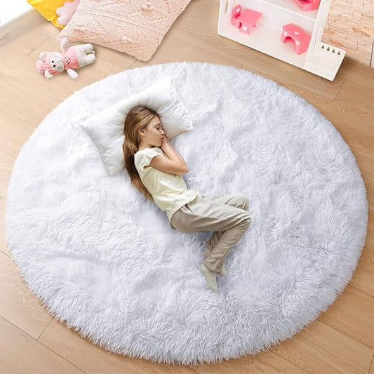 junovo Round Rug 6x6 Feet Fluffy Soft Area Rugs for Kids Girls Room Princess Castle Plush Shaggy Carpet Cute Circle Nursery Rug for Kids Teen's Bedroom Home Decor Large Circular Carpet, White