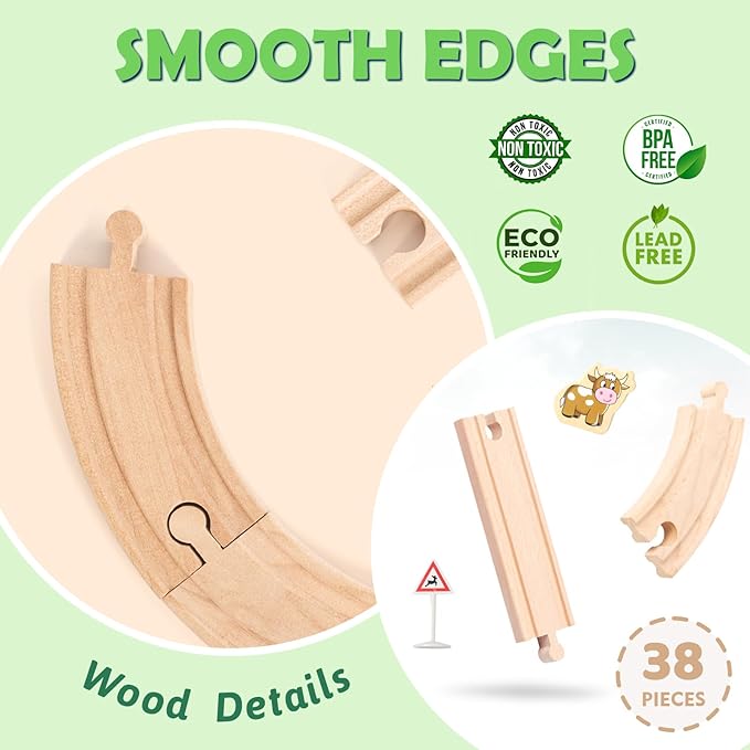 Wdmiya Wooden Train Set for Toddlers, 38 Pcs Wooden Train Track for Kids, Train Toy with Bridge and Tracks (Fits Thomas & Brio), Christmas Birthday Trains Gift for 2 3 4 5 6 7 8 Years Old (Pinwheel)