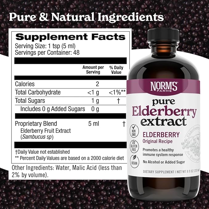 Norm’s Farms Pure Elderberry Extract - Made from Only Elderberries in USA - Immune, Antioxidant Support, No Added Sugar, Additives, Vegan, Gluten-Free, Non-GMO, Elderberry Tincture Alcohol Free - 8 Oz