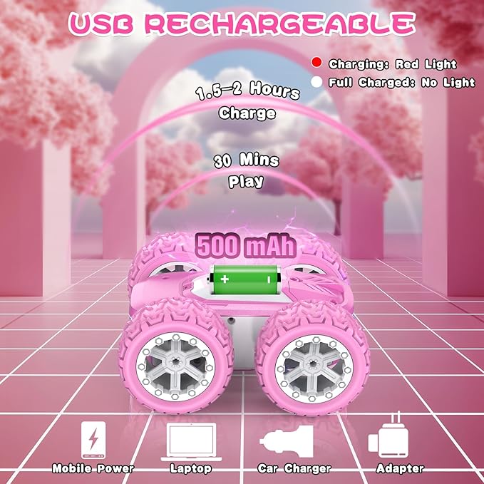 Pink Remote Control Car for Girls, RC Cars for Kids with DIY Sticker & Colorful Lights, 2.4Ghz Double Sided 360° Flips 4WD Stunt Car, Rechargeable Toy Cars for Girl Ages 4-6 5-7 6-8 8-12 Birthday Gift