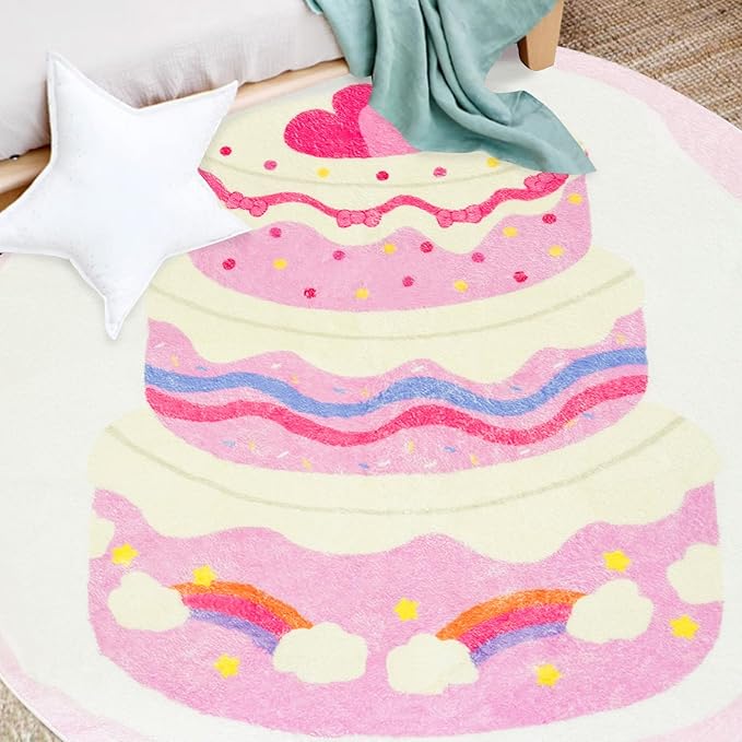 Kids Rug Pink Cake Bedroom Carpet for Girls 4Ft Round Rainbow Dessert Play Mat Circle Playroom Area Rug for Nursery Living Room Classroom Decor Washable Children Throw Rug