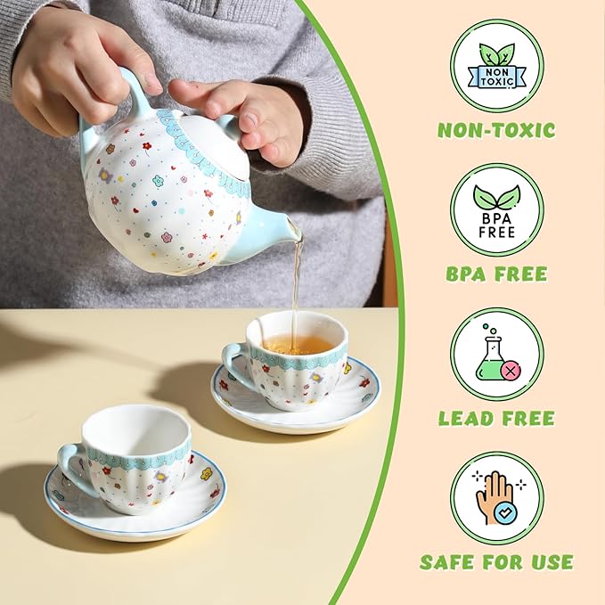 Sweejar Porcelain Tea Set for Little Girls,Kitchen Toys Tea Party Set for Kids Toddler Kitchen Pretend Toy Include Children Teapot, Cup & Saucer Set of 4, Sugar Bowl and Cream Pitcher(Sweet)