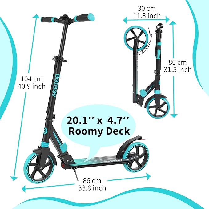 BELEEV V8 Scooters for Kids Ages 6+ with Light-Up Deck, 2 Wheel Folding Scooter for Adults Teens, 4 Adjustable Height, Lightweight Sport Commuter Scooter, Sturdy Frame, Max Load 220 lbs