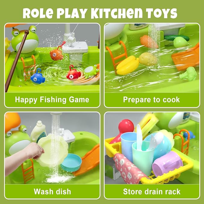 Play Sink with Running Water,Kids Sink Toy with Automatic Water Cycle System,Sink Fishing Game Toy with Food Kitchen Accessories,Kids Role Play Dress Up Dishwasher Toys for Boys and Girls Present