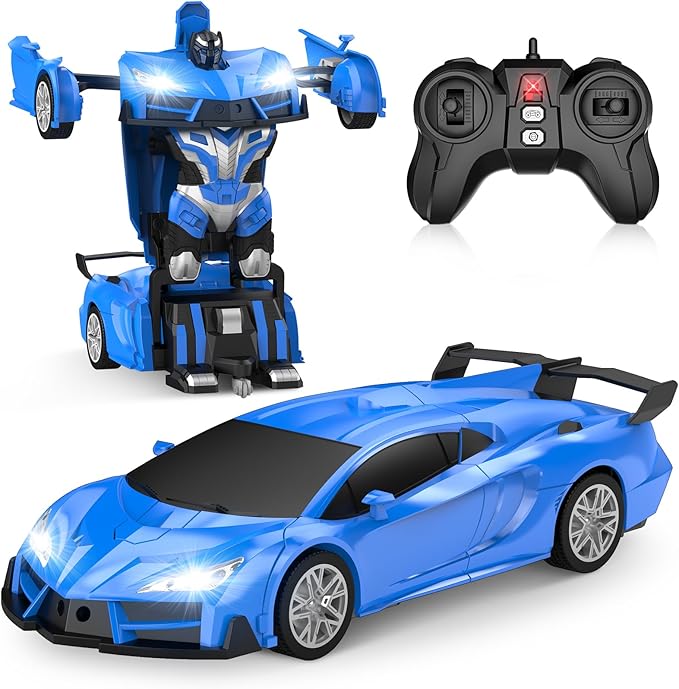 Remote Control Car，Transform Robot RC Cars with Cool LED Headlights, 2.4Ghz Toys Car with 360 Degree Rotation and One-Button Deformation, Christmas Birthday Gifts for Boys Girls(Blue)
