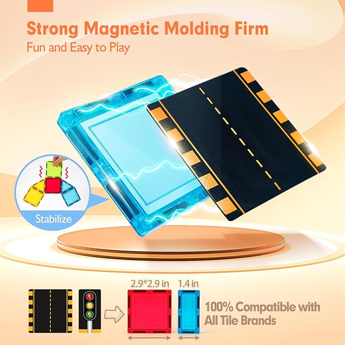 hahaland Magnetic Tiles Road Set - Magnetic Construction Toys with Cars for Ages 3-5 Toddlers Kids Preschool Montessori Toys for 3 4 5 6 7 Year Old Boys Girls Easter Birthday Gifts