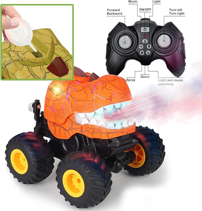 Dinosaur Remote Control Car, Monster Truck Toys with Spray, Light & Sound, 2.4GHz All Terrain RC Cars for Boys Age 4-7, Birthday Gifts for Kids 3-5 6 7 8-12