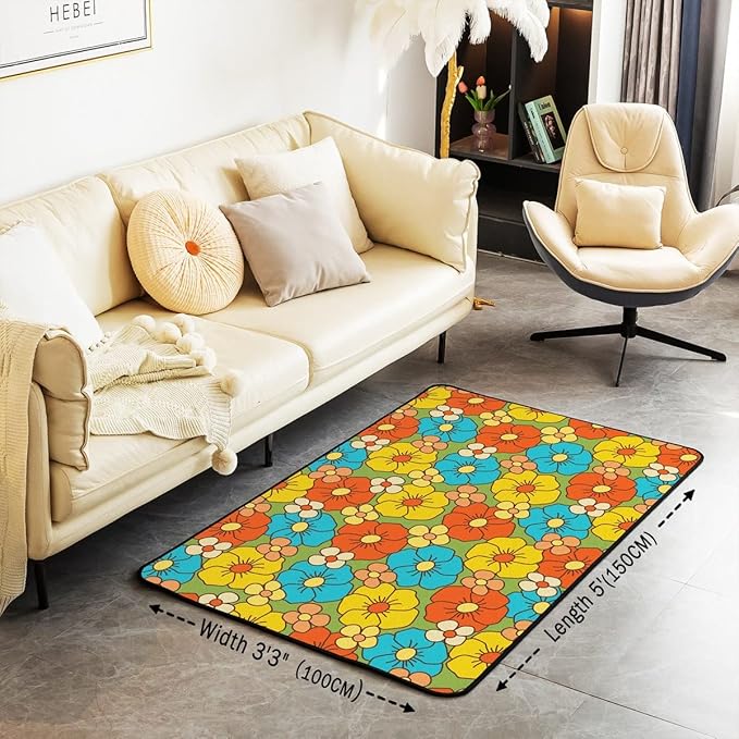 Erosebridal 60S 70S Hippie Area Rug 3x5 Retro Groovy Flowers Decorative Rug for Living Room Abstract Vintage Floral Boho Natural Botanical Non Shedding Carpet for Kids Girls Teen