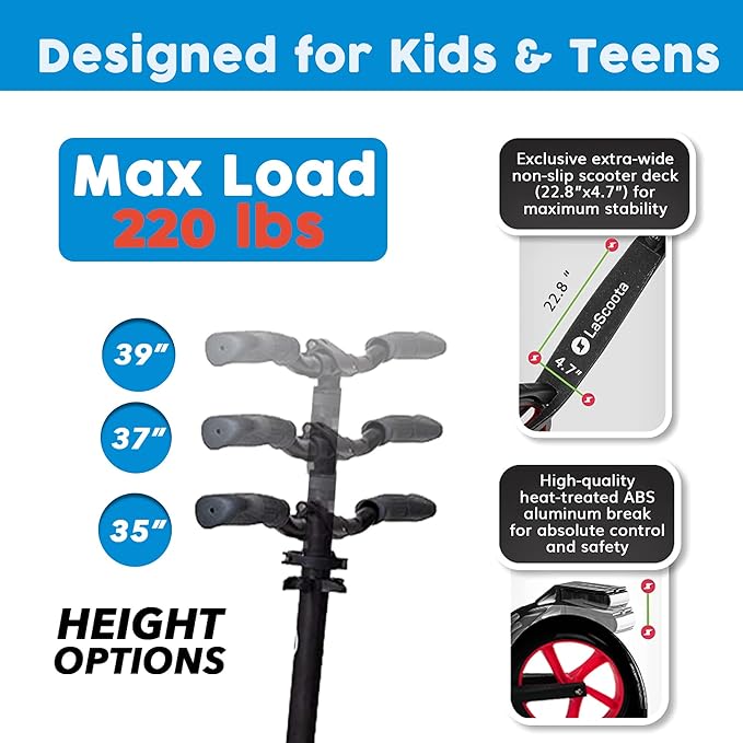 LaScoota Kick Scooter for Kids Ages 6+, Teens & Adults, Large 8" Sturdy Urethane Wheels. Adjustable Handlebar, Lightweight, Foldable, 220lbs Max Load