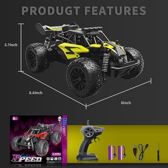 Carox 1:16 Scale RC Car for Kids, 2.4GHz High-Speed Electric Monster Truck, 20km/h, Dual 1000mAh Rechargeable Batteries, All-Terrain Tires, Shock Absorbing Suspension, Ideal Gift for Boys Aged 6-12
