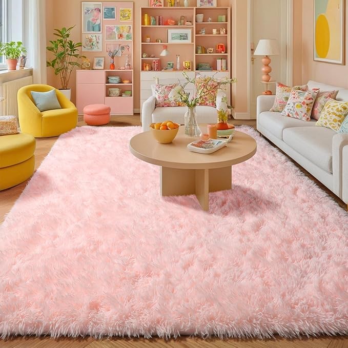 Amdrebio Pink Area Rugs 8x10 for Living Room, Large Fluffy Shag Rug for Bedroom, Kids Room Decor, Big Cute Furry Carpet for Teen Girls, Baby Nursery, Classroom, Soft Fuzzy Cozy Carpets for Playroom