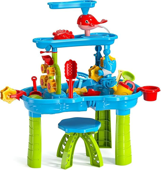 2025 Upgraded 3-Tier Water Table with Chair – Kids Outdoor Sensory Play Table for Backyard or Beach Fun, Boys & Girls