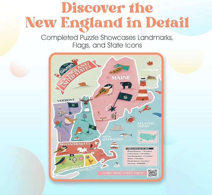 Geotoys New England Region Jigsaw Puzzle - 250 Piece Puzzle for Kids - Jigsaw Puzzles for Kids Ages 8-12 Years Old - Geography Puzzles with Colorful Landmarks, United States Flag and More
