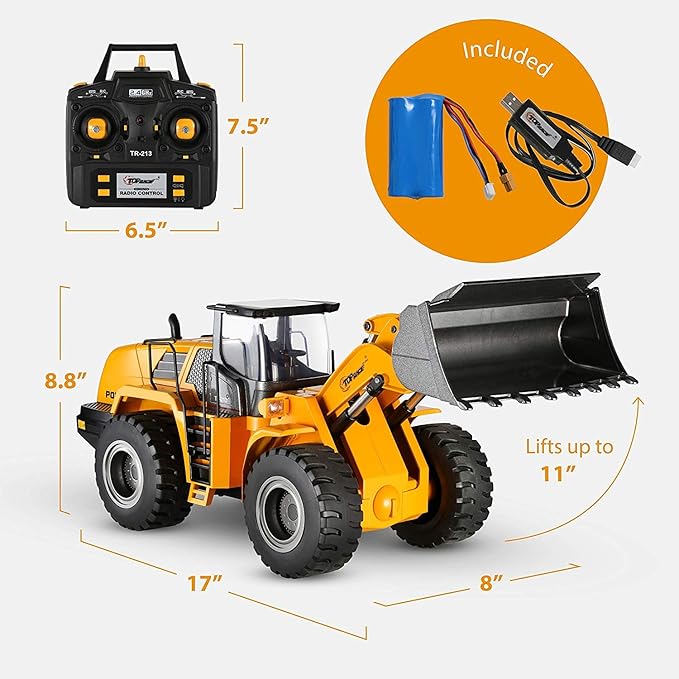 Top Race 10 Channel RC Bulldozer Full Functional Remote Control Front Loader Construction Tractor - Full Metal Toy, 1:14 Scale, Remote Control Construction Vehicles, Can Dig up to 3.5 lbs