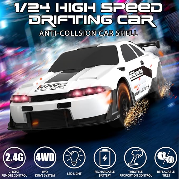 Remote Control Car, 1/24 Scale RC Drift Car, 4WD 15KM/H High Speed RC Cars, Racing Sport Toy Car with LED Lights, Racing Tire, Birthday for Kids Boys Girls, Rechargeable Battery