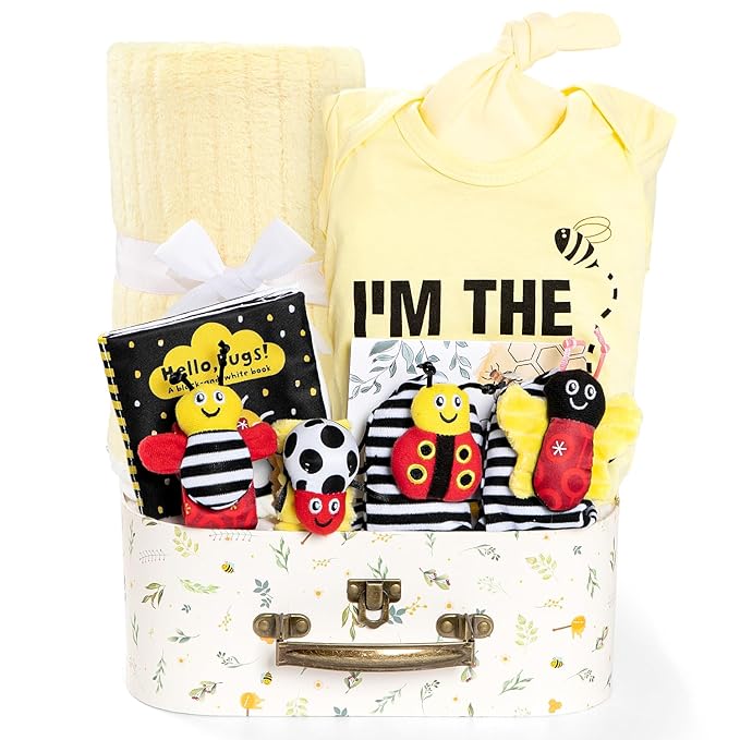 Baby Gift Set for Newborn, Bee Basket, High Contrast Baby Book Toys 0-6 Months Infant Rattle Socks Blanket Hat Onesie Baby Gifts Essentials for Girls Boys