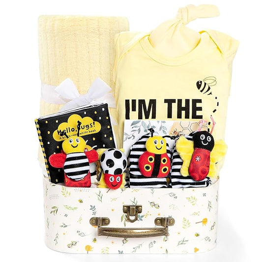 Baby Gift Set for Newborn, Bee Basket, High Contrast Baby Book Toys 0-6 Months Infant Rattle Socks Blanket Hat Onesie Baby Gifts Essentials for Girls Boys