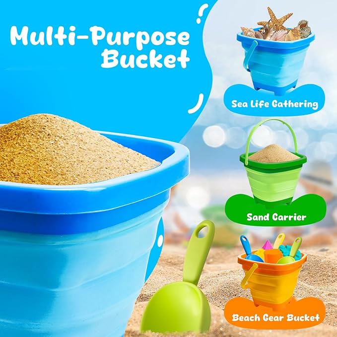 Collapsible Beach Toys Sand Toys for Toddlers 1-3, Beach Toy Sand Toy for Kids Ages 4-8, Collapsible Beach Sand Buckets Toys for Kids, Sandbox Toys for Toddler with Castle Sand Mold Shovel