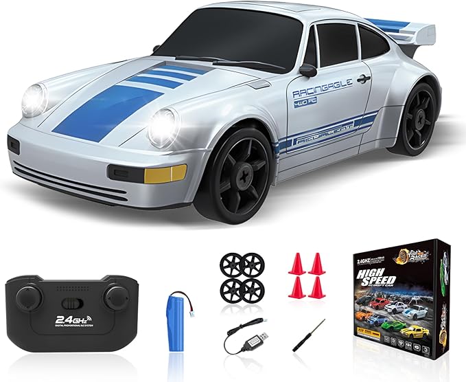 Remote Control RC Car for Boys - 1/24 2.4GHz 4WD Racing Drift Car With Lights, Rechargeable Battery, and Drift Tires - Silver Hobby Toy for Kids, Xmas Gift