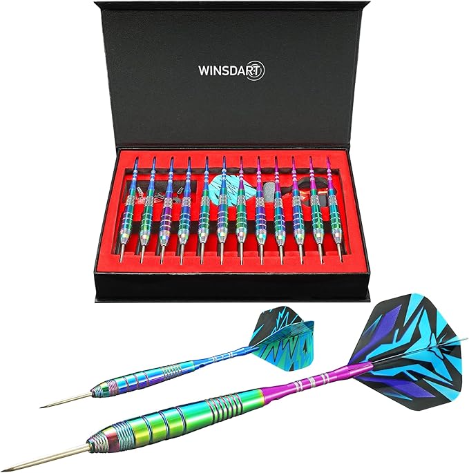 Darts Metal Tip Set Professional Metal Darts for Dartboard Steel Tip Darts with Nonslip Iron Barrel Aluminum Dart Shafts,Extra Flights,Dart Sharpener,Gift Box
