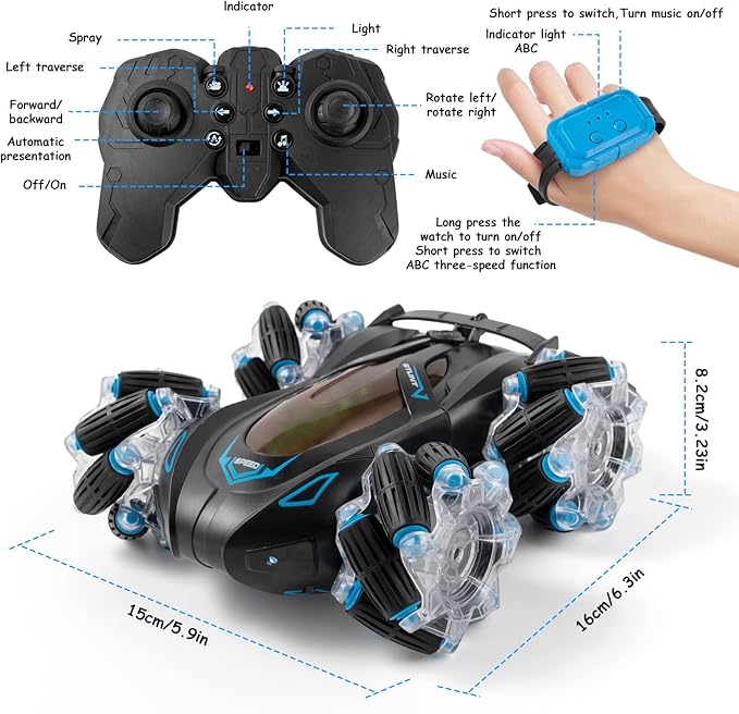 RC Cars Gesture Sensing Stunt Car, 360° Rotating Remote Control Car with Cool Light and Music, Spray Drift Hand Controlled Car, 2.4Ghz Rechargeable RC Car, Best Birthday Gifts for Boys 6-12 (Blue)