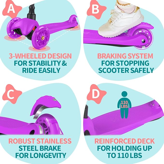 BELEEV A1 Scooter for Kids Ages 2-6, 3 Wheel Kick Scooter for Toddlers Girls Boys, Light up Wheels, Adjustable Height, Lean to Steer, Non-Slip Deck, Lightweight Push Scooter for Children