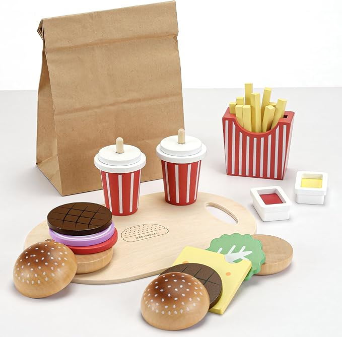 Wooden Play Food Toy for Kids Pretend Play Kitchen Accessories for Toddlers Wooden Play Fast Food Hamburger Set Educational Toys Gift for Boys Girls