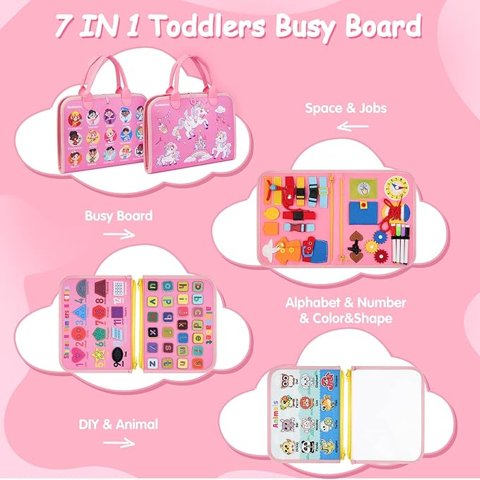 2 Year Old Girl Birthday Gift, Montessori Busy Board Book- Toddler Christmas Toys for 1 2 3 Year Old Girls Gift, Educational Sensory Learning Activity Toys for Road Airplane Travel