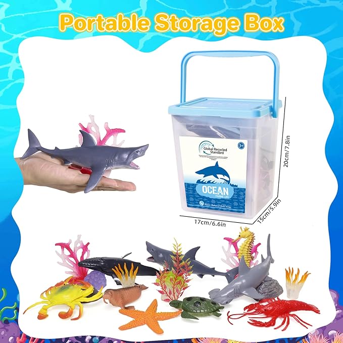 Ocean Sea Animal Figure Toys for Kids 3-5, Realistic Sea Life Figures Animal Toys Sand Toys Beach Bath Playset Include Shark, Whale, Corals, Seagrass, Crab, Octopus, Turtle for Toddler, Boys & Girls
