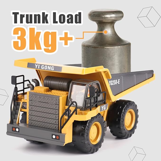 PREPOP RC Dump Truck Toy for Kids, Remote Control Construction Toys Vehicle with Metal Bed and Light/Music, Birthday Gifts Ideas for Boys Age 6 7 8 9 10 Year Old and up