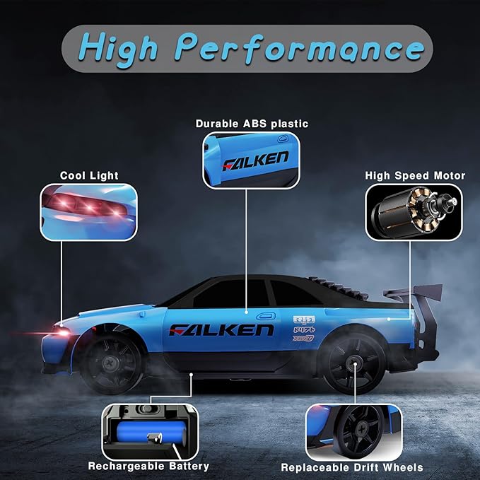RC Drift Car 1/24 2.4GHz 4WD Remote Control Car RC Cars Toy Car for Boys Girls Birthday, Mini Drift RC Car with Light Rechargeable Battery and Drift Tires Xmas Toys for Kids Blue