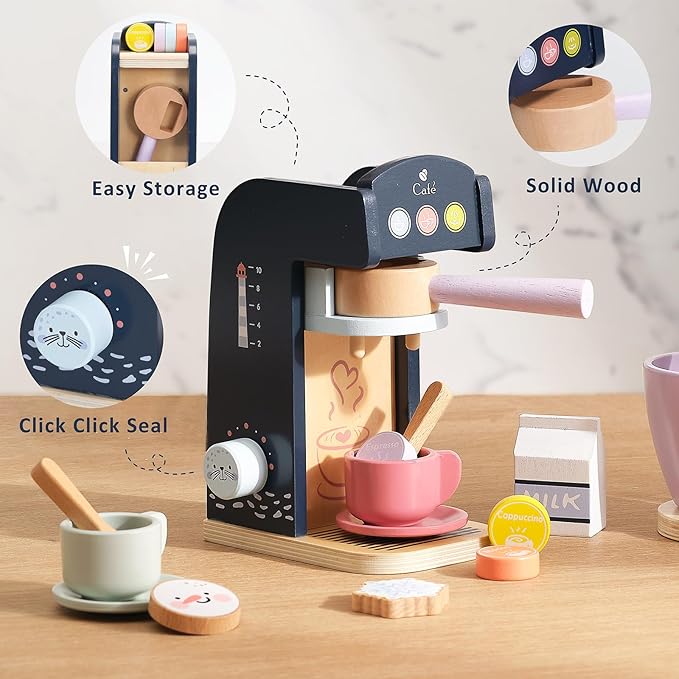 PairPear Kids Coffee Maker Wooden Kitchen Playset, Wooden Toys Play Coffee Maker Set with Play Food for Kids, Toddler Play Kitchen Accessories Gift for Girls and Boys 3+
