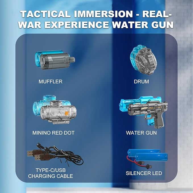 Electric Water Gun for Adults Kids, 2 Pack Automatic Squirt Watergun Pistol with Led Lights, Summer Outdoor Pool Beach Party Toys, Black and Blue