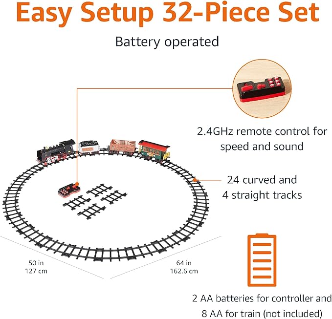 Amazon Basics Remote Control Steam Engine Hobby Train Set with Tender and Gondola and Caboose Smoking, working light and realistic sounds Age 3 or up Perfect for Kids, Multicolor